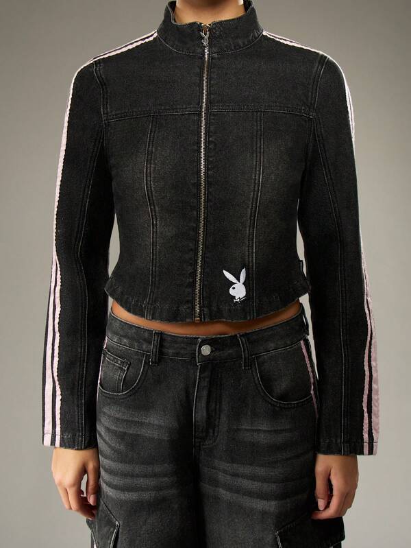 Missguided Missguided X Playboy Cropped Denim Moto Jacket With Side Stripes