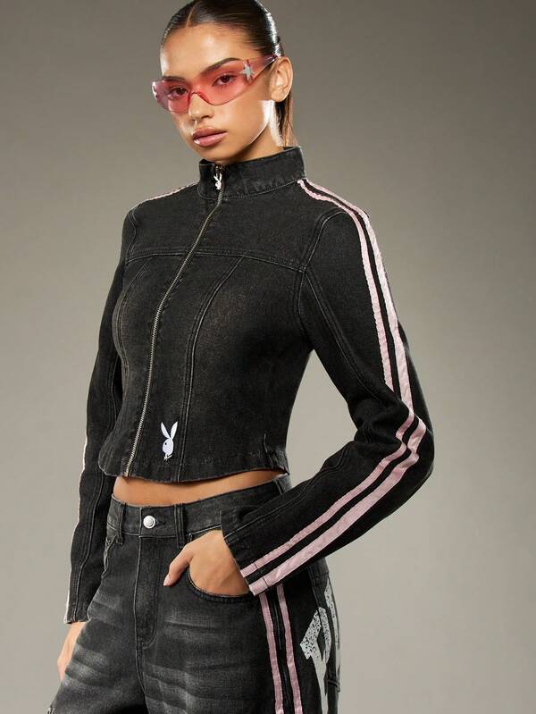 Missguided Missguided X Playboy Cropped Denim Moto Jacket With Side Stripes