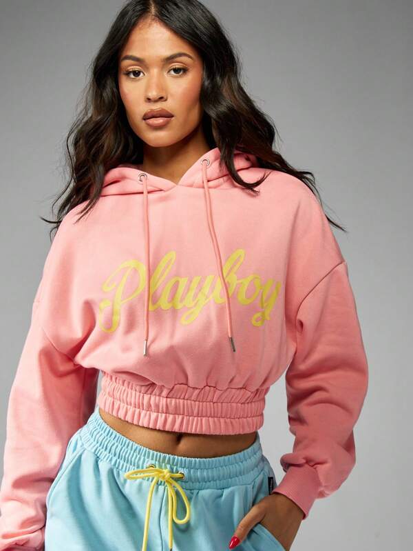 Missguided Missguided X Playboy Cropped Design Drawstring Hood Sweatshirt