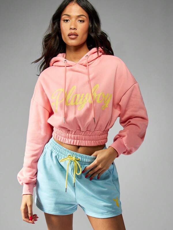 missguided Missguided x Playboy Cropped Design Drawstring Hood Sweatshirt