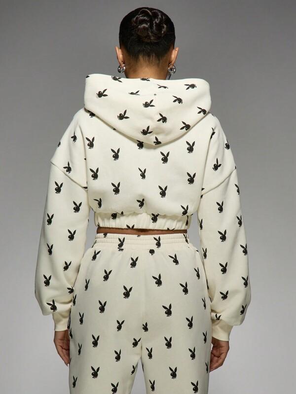 Missguided Missguided X Playboy Cropped Drawstring Allover Bunny Print Sweatshirts