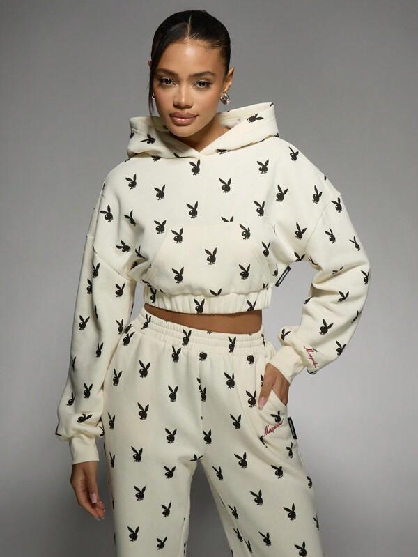 missguided Missguided x Playboy Cropped Drawstring Allover Bunny Print Sweatshirts