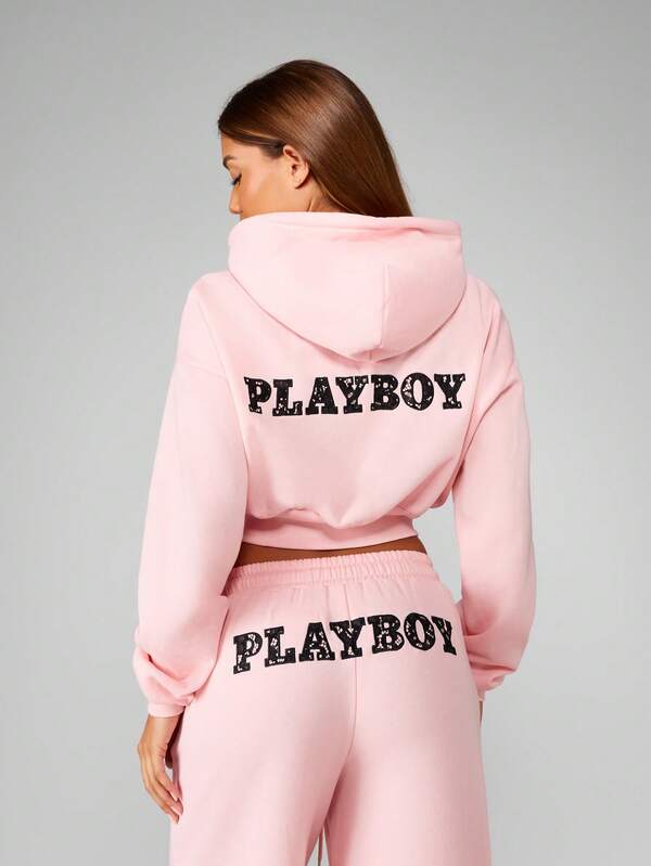 Missguided Missguided X Playboy Cropped Full Zip Hooded Sweatshirt With Lace Applique