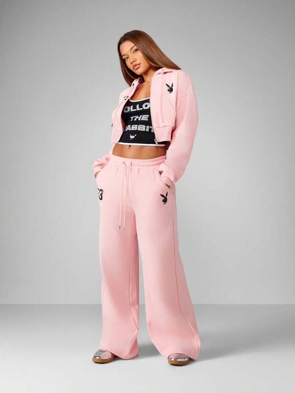 Missguided Missguided X Playboy Cropped Full Zip Hooded Sweatshirt With Lace Applique