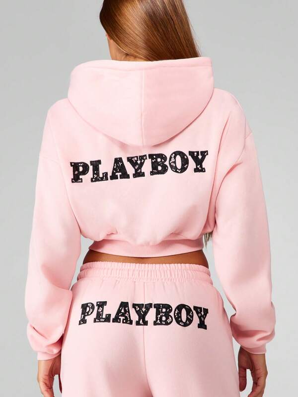 Missguided Missguided X Playboy Cropped Full Zip Hooded Sweatshirt With Lace Applique