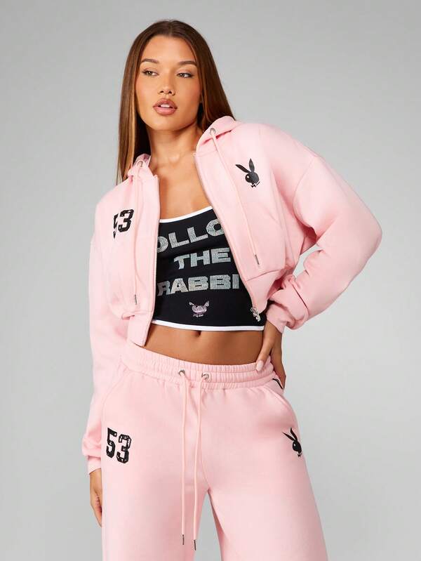 missguided Missguided x Playboy Cropped Full Zip Hooded Sweatshirt With Lace Applique