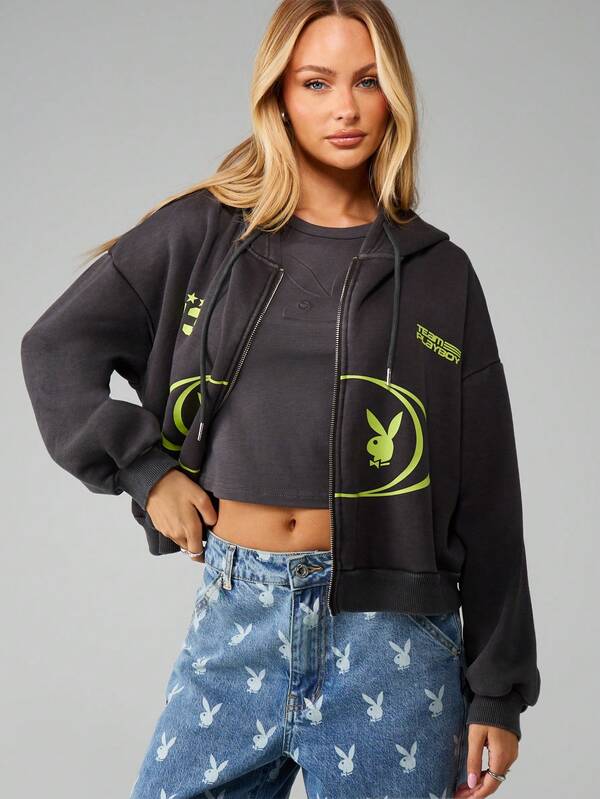 Missguided Missguided X Playboy Cropped Full Zip Hoodie With Bunny Logo Design