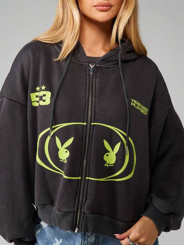 Missguided Missguided X Playboy Cropped Full Zip Hoodie With Bunny Logo Design