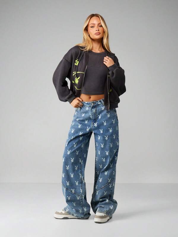 Missguided Missguided X Playboy Cropped Full Zip Hoodie With Bunny Logo Design