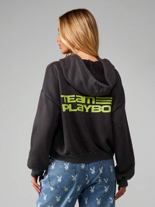 missguided Missguided x Playboy Cropped Full Zip Hoodie With Bunny Logo Design