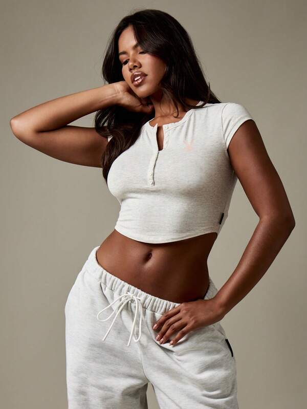 Missguided Missguided X Playboy Cropped Henley Baby Tee With Button Front And Cap Sleeves