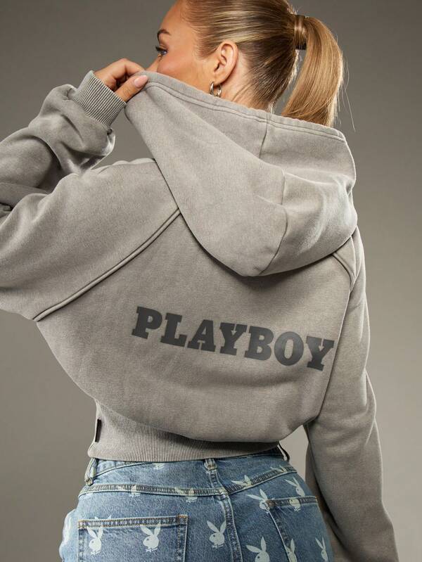 Missguided Missguided X Playboy Cropped Hoodie With Cinch Waist And Logo