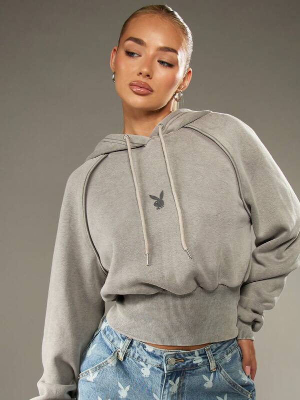 Missguided Missguided X Playboy Cropped Hoodie With Cinch Waist And Logo