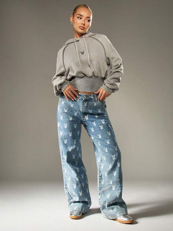 Missguided Missguided X Playboy Cropped Hoodie With Cinch Waist And Logo