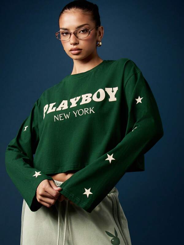 missguided Missguided x Playboy Cropped Letter Print Sweatshirt With Star Details