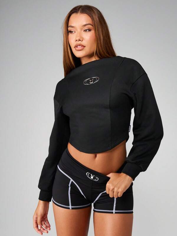 missguided Missguided x Playboy Cropped Long Sleeve Sweatshirt With Curved Hem And Logo Detail