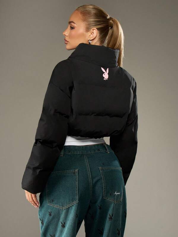 Missguided Missguided X Playboy Cropped Quilted Puffer Jacket With High Neck And Padded Design