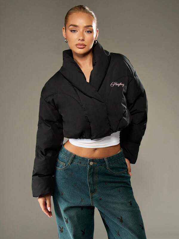 Missguided Missguided X Playboy Cropped Quilted Puffer Jacket With High Neck And Padded Design