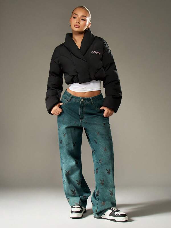 Missguided Missguided X Playboy Cropped Quilted Puffer Jacket With High Neck And Padded Design