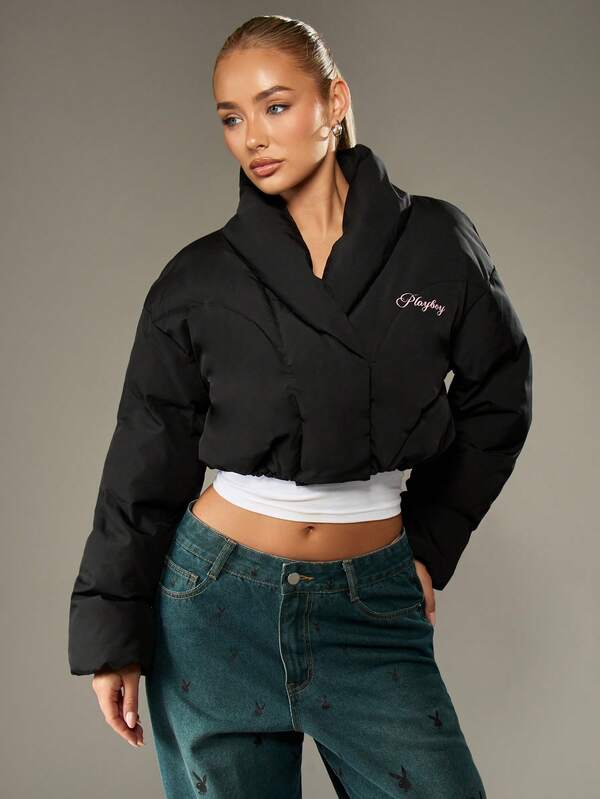 missguided Missguided x Playboy Cropped Quilted Puffer Jacket With High Neck And Padded Design