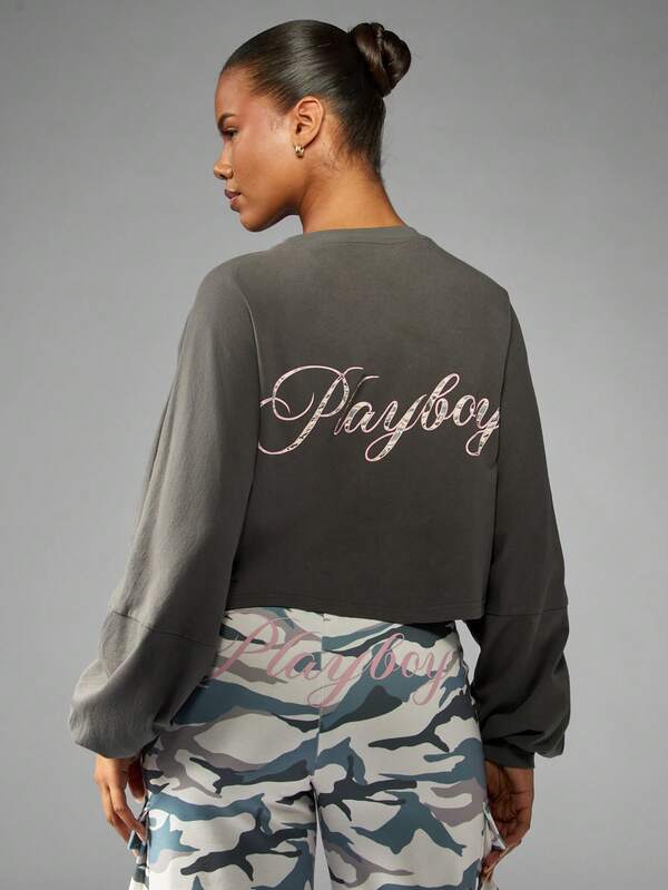 Missguided Missguided X Playboy Cropped Sweatshirt With Bunny Logo And Text Print