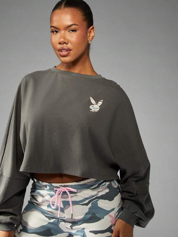 Missguided Missguided X Playboy Cropped Sweatshirt With Bunny Logo And Text Print
