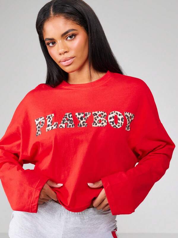 Missguided Missguided X Playboy Cropped Sweatshirt With Leopard Print Logo Design