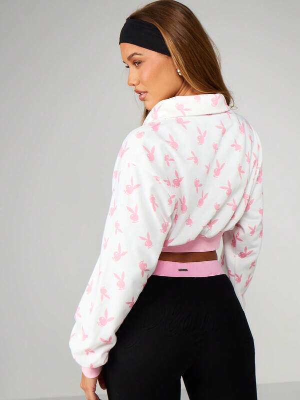 Missguided Missguided X Playboy Cropped Sweatshirt With Quarter Zip And Bunny Print