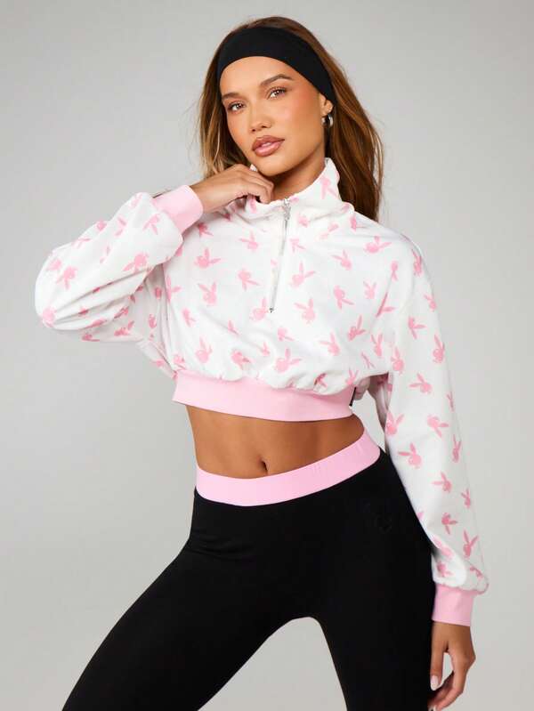 Missguided Missguided X Playboy Cropped Sweatshirt With Quarter Zip And Bunny Print