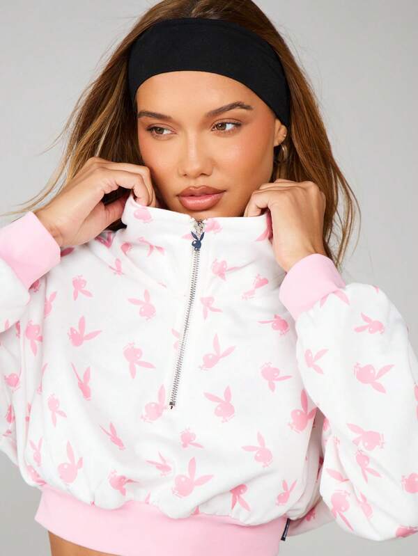 missguided Missguided x Playboy Cropped Sweatshirt With Quarter Zip And Bunny Print