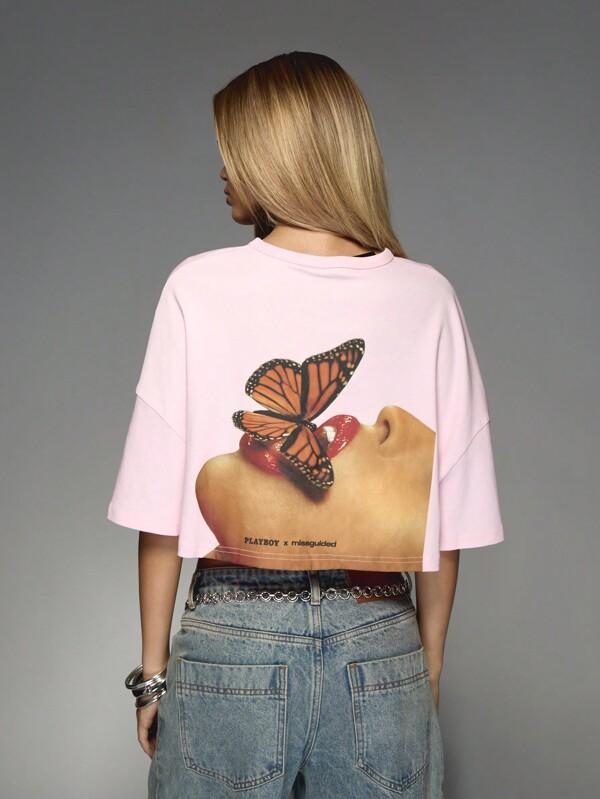 missguided Missguided x Playboy Cropped T Shirt With Butterfly Print Design