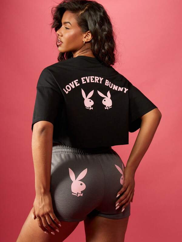 Missguided Missguided X Playboy Cropped T-Shirt With Love Every Bunny Graphic Print For Casual Streetwear