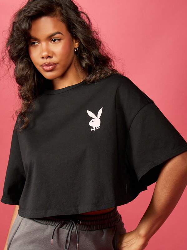 Missguided Missguided X Playboy Cropped T-Shirt With Love Every Bunny Graphic Print For Casual Streetwear