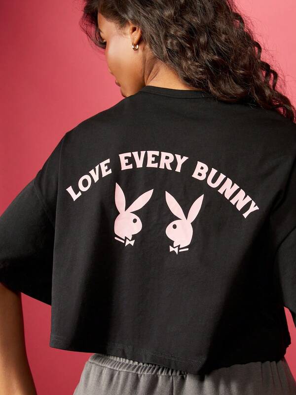 Missguided Missguided X Playboy Cropped T-Shirt With Love Every Bunny Graphic Print For Casual Streetwear