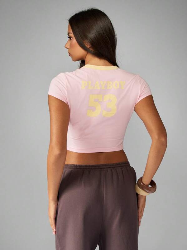 Missguided Missguided X Playboy Cropped T-Shirt With Number Graphics And Contrast Trim