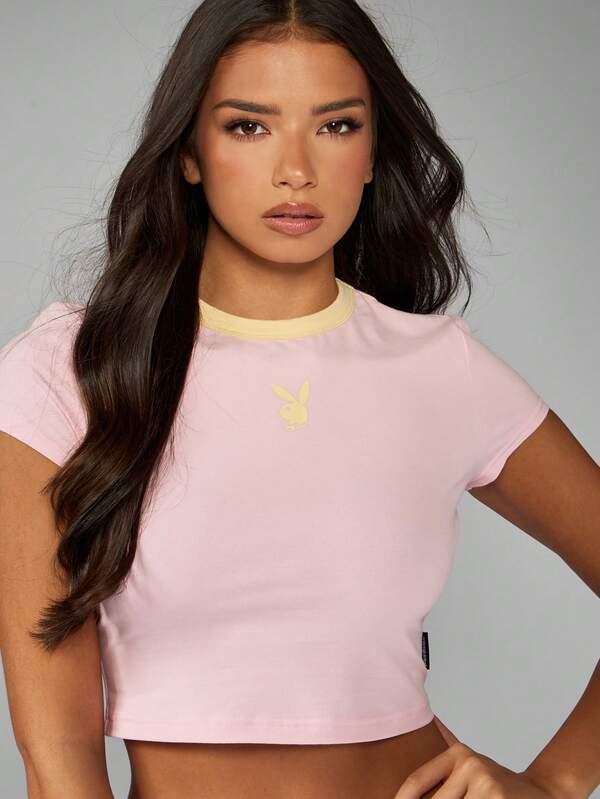 Missguided Missguided X Playboy Cropped T-Shirt With Number Graphics And Contrast Trim
