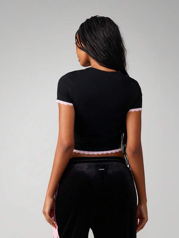 Missguided Missguided X Playboy Cropped Tee With Lace Trim And Print