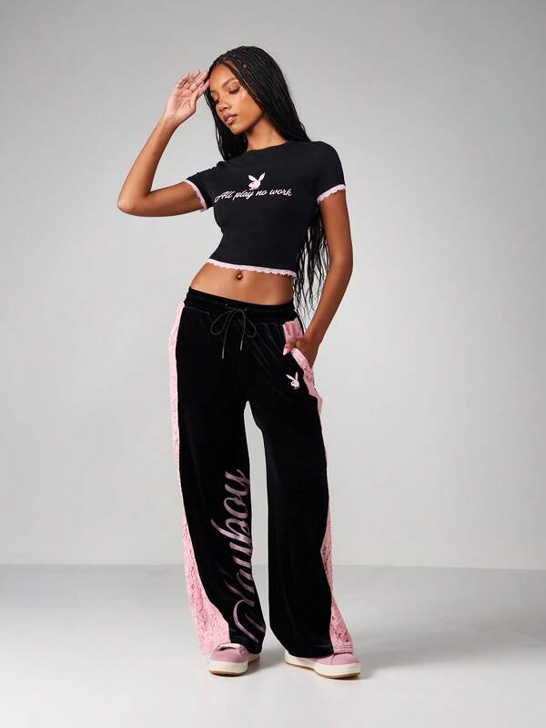 Missguided Missguided X Playboy Cropped Tee With Lace Trim And Print