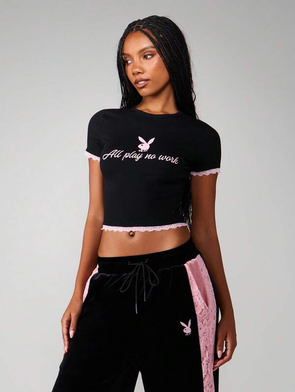 Missguided Missguided X Playboy Cropped Tee With Lace Trim And Print