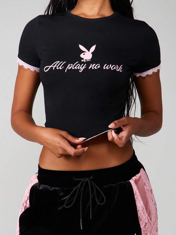 missguided Missguided x Playboy Cropped Tee With Lace Trim And Print
