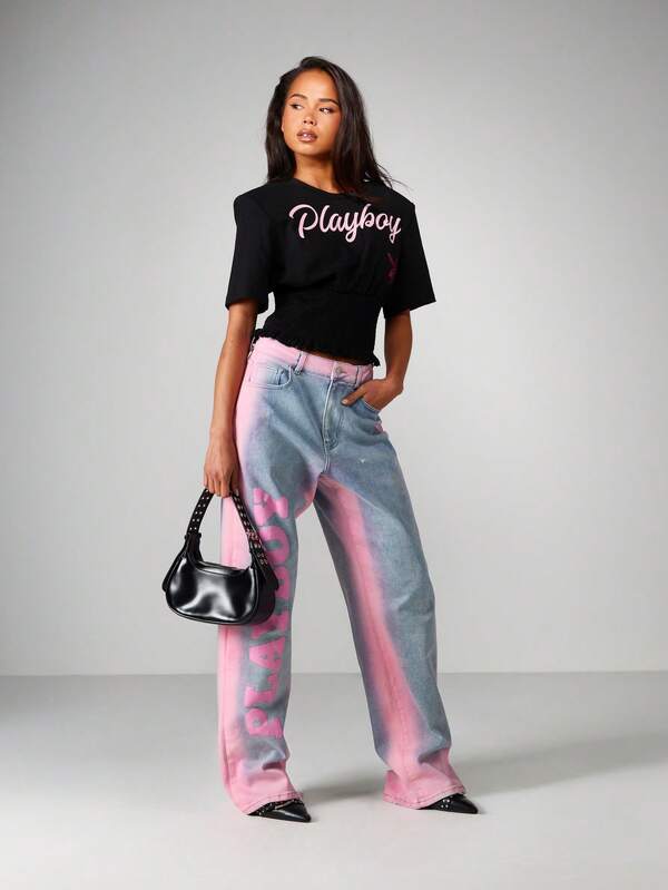 Missguided Missguided X Playboy Cropped Tee With Smocked Waist