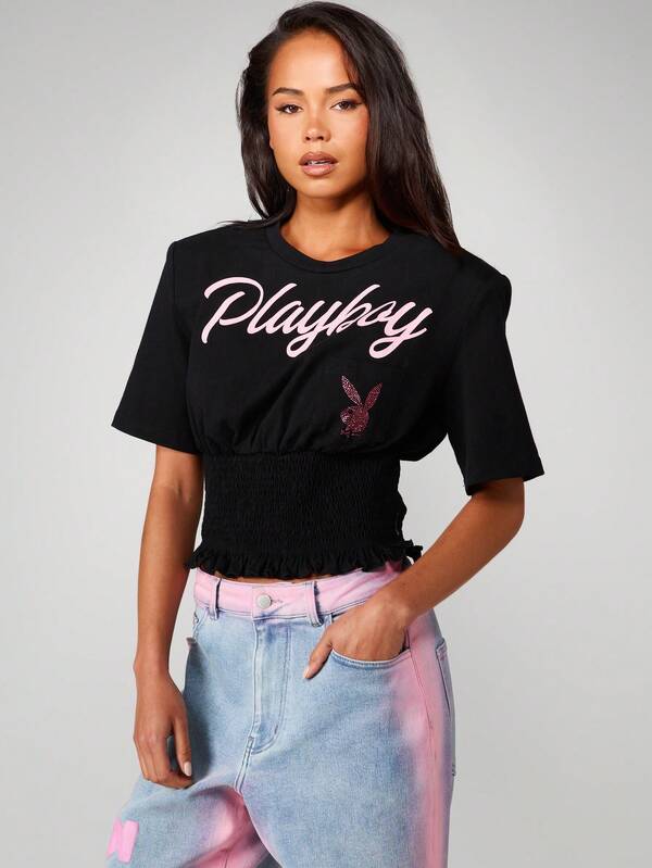 Missguided Missguided X Playboy Cropped Tee With Smocked Waist