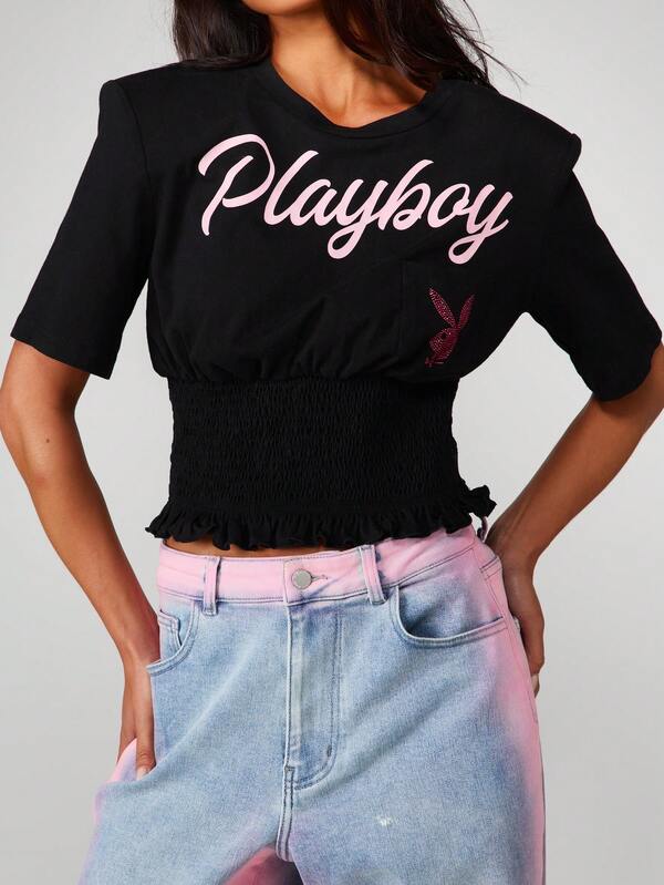 missguided Missguided x Playboy Cropped Tee With Smocked Waist