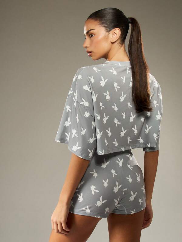 Missguided Missguided X Playboy Cropped Top And High Waist Shorts With Bunny Print