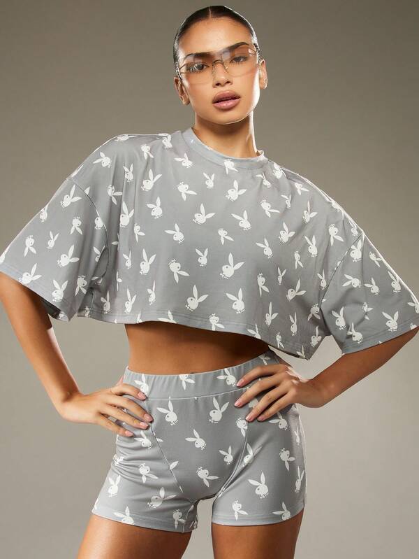 missguided Missguided x Playboy Cropped Top And High Waist Shorts With Bunny Print