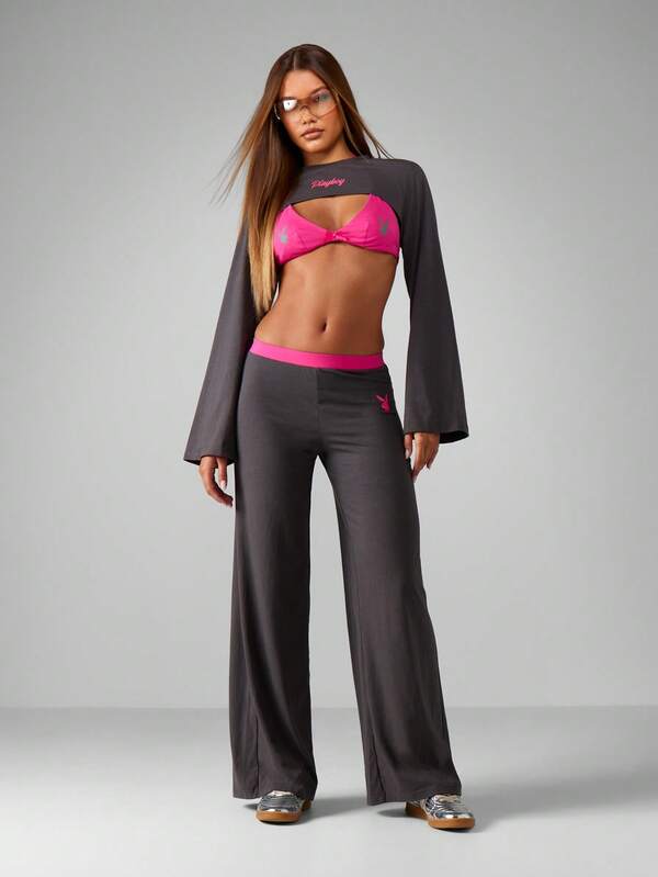 missguided Missguided x Playboy Cropped Top With Wide Leg Pants Set