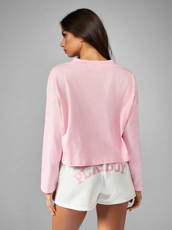 Missguided Missguided X Playboy Cropped V Neck Long Sleeve T Shirt With Varsity Number