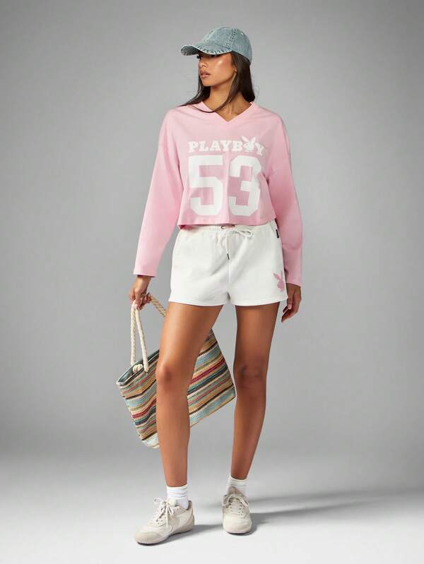 Missguided Missguided X Playboy Cropped V Neck Long Sleeve T Shirt With Varsity Number