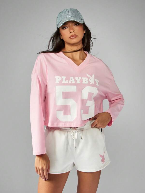 Missguided Missguided X Playboy Cropped V Neck Long Sleeve T Shirt With Varsity Number