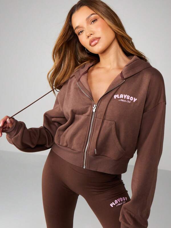 Missguided Missguided X Playboy Cropped Zip Hoodie With Drawstring